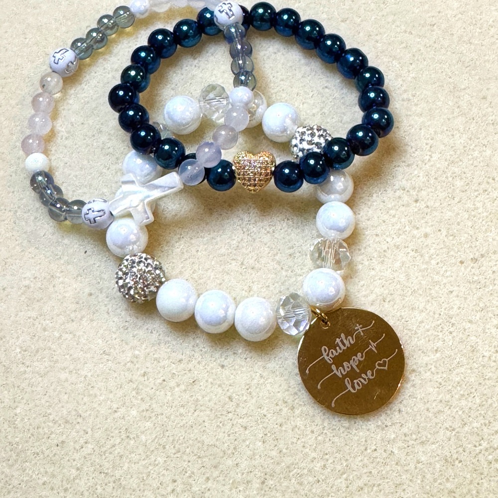 Faith Hope Love Bracelet Stack Cross Charm Christian Beaded Jewelry Set